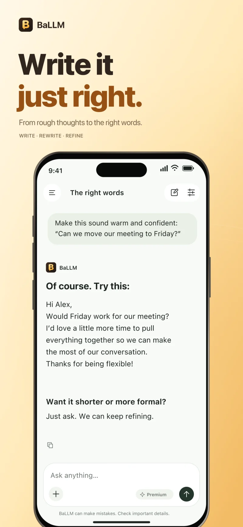 Rewrite a message in a warm and confident tone